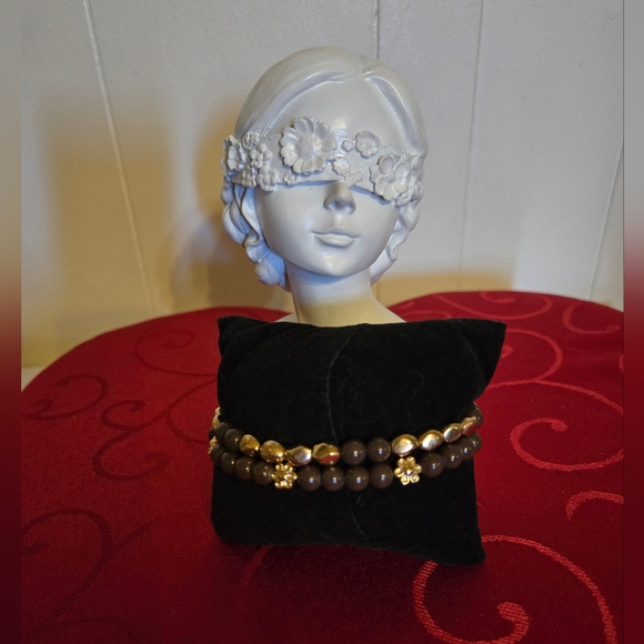 Gold and Brown Beaded Butterfly Charm Stretch Bracelet Set - Picture 3 of 4